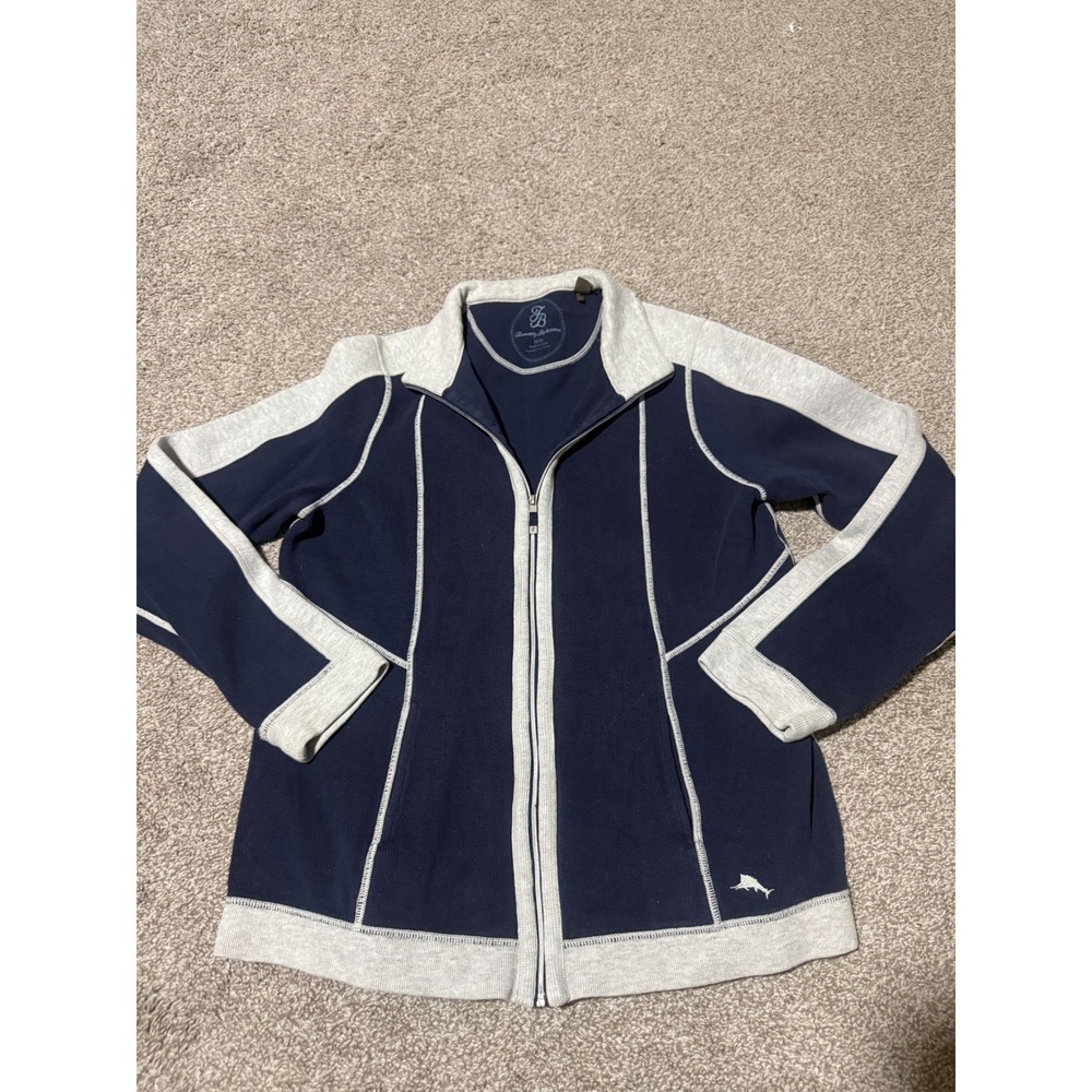 Tommy Bahama Womens Navy Grey Colorblock Full Zip Ribbed Jacket Medium